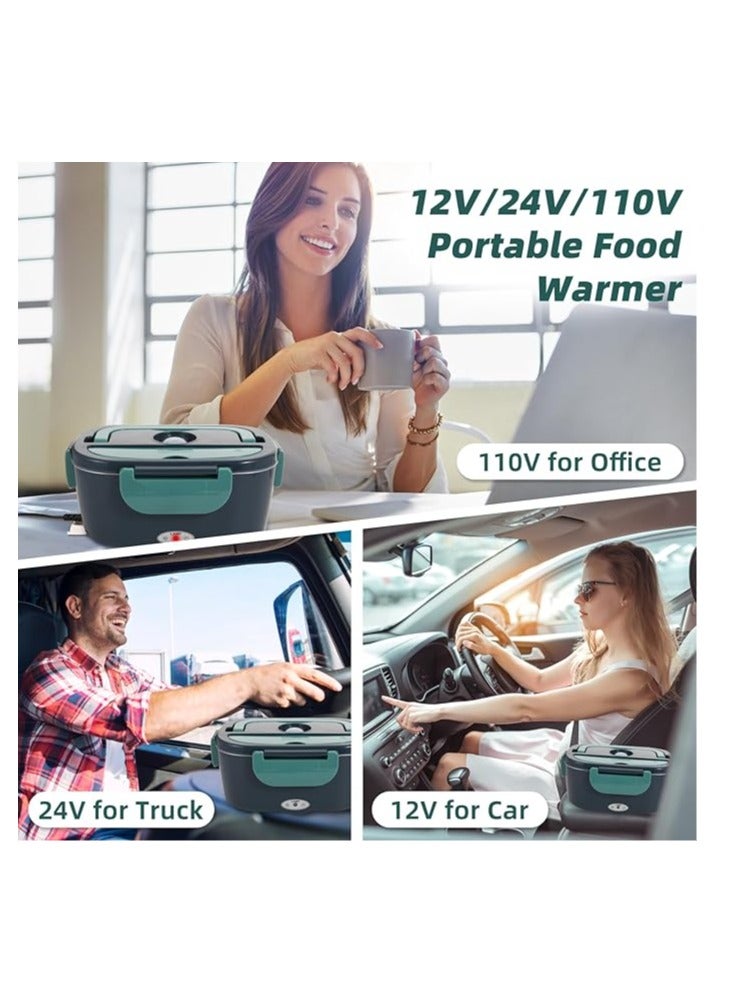 عربست صندوق غداء كهربائي 80 واط لتسخين الطعام للكبار، صندوق غداء محمول 12/24/110 فولت، صندوق غداء ساخن مطور للسيارة/شاحنة/مكتب مع شوكة وملعقة من الصلب الصلب وحقيبة حمل معزولة (أخضر) - Image 4