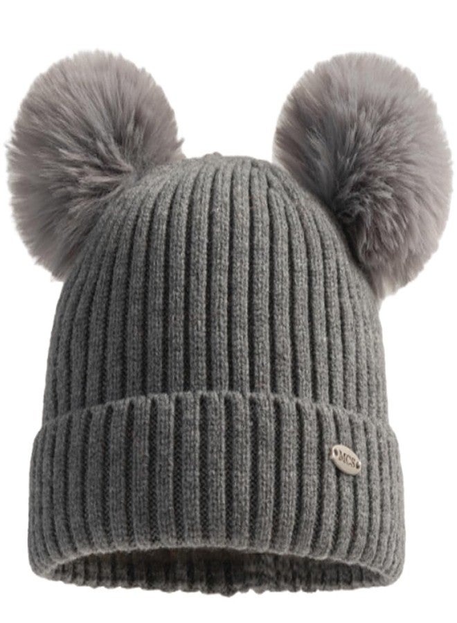 KORADI Girls Knit Hat Witner Cuffed Beanie with Cotton Lining Boys Warm Skull Caps with Pom Pom 3-10 Years Gray - Image 1