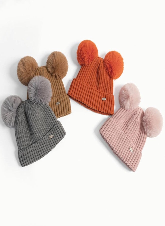 KORADI Girls Knit Hat Witner Cuffed Beanie with Cotton Lining Boys Warm Skull Caps with Pom Pom 3-10 Years Gray - Image 2