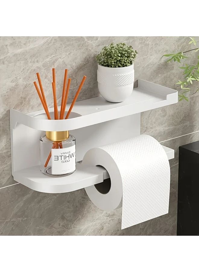 Modern White Wall Mounted Toilet Paper Holder With Storage Shelf And Drawer - Image 3