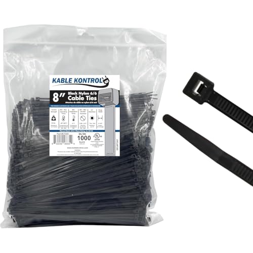 Kable Kontrol Cable Zip Ties 1000 Pcs 8 Inch Black, 40 Lbs Tensile Strength, Self-locking UV Resistant Plastic Nylon Wire Ties, for Indoor or Outdoor Use - Image 1