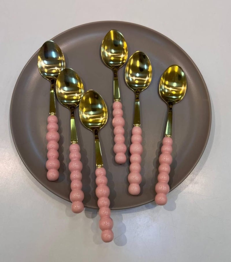 Generic Decorative Serving Spoons Set, 6-Piece Gold-Toned with Pink Beaded Handles .em