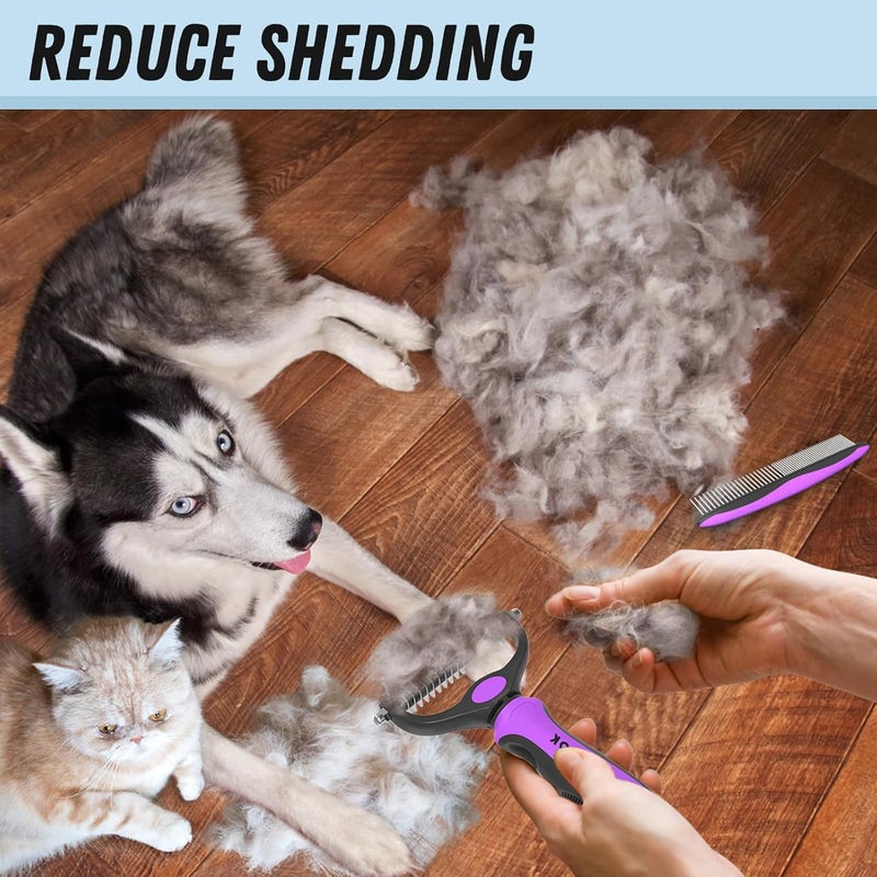 Docrok Pet Grooming Brush and Metal Comb Combo - Undercoat Rake for Dematting and Deshedding Long Matted Haired Dogs and Cats, Purple - Image 5