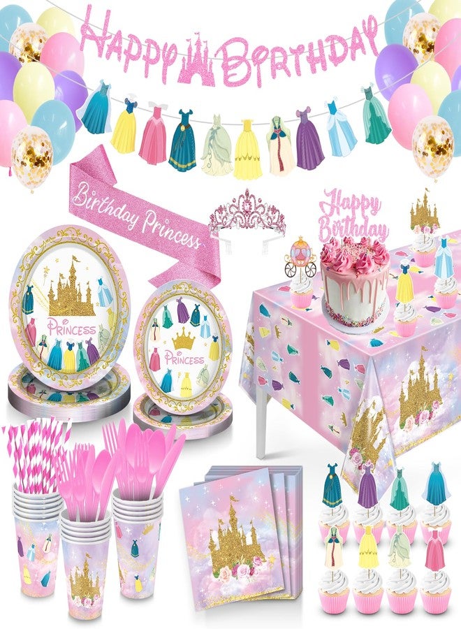 pekeng Princess Birthday Party Decorations, 166Pcs Princess Party Girls Decorations Set Includes Prin cess Plates Napkins Cups Tablecloth Serve 16, Shoulder Strap Crown, Banner Garland Cake Toppers Balloons - Image 1