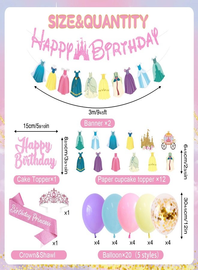 pekeng Princess Birthday Party Decorations, 166Pcs Princess Party Girls Decorations Set Includes Prin cess Plates Napkins Cups Tablecloth Serve 16, Shoulder Strap Crown, Banner Garland Cake Toppers Balloons - Image 3