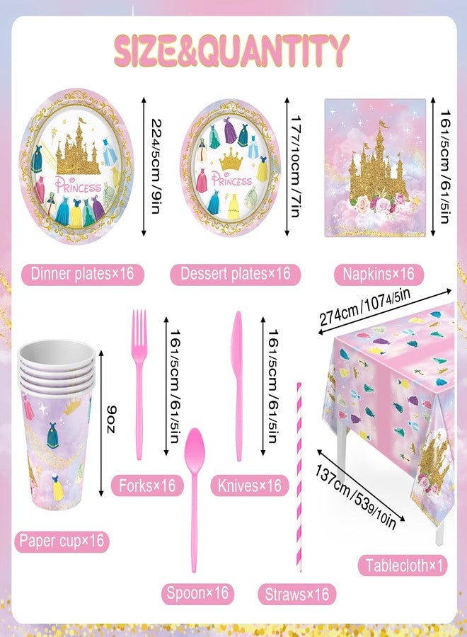 pekeng Princess Birthday Party Decorations, 166Pcs Princess Party Girls Decorations Set Includes Prin cess Plates Napkins Cups Tablecloth Serve 16, Shoulder Strap Crown, Banner Garland Cake Toppers Balloons - Image 2