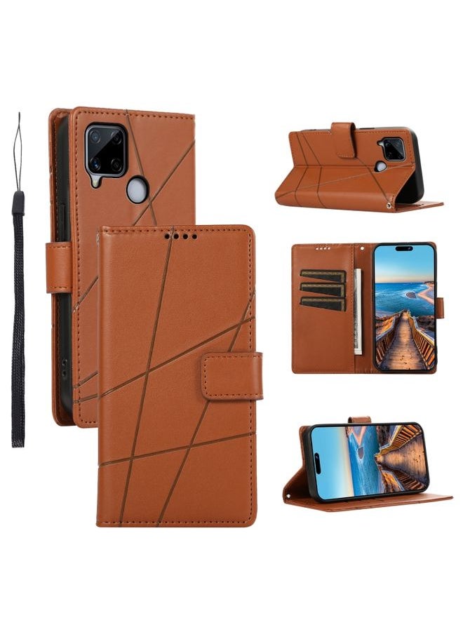 HuHa Case Cover For Realme C15 / C25 / Narzo 30A PU Genuine Leather Texture Embossed Line Phone Case Brown 