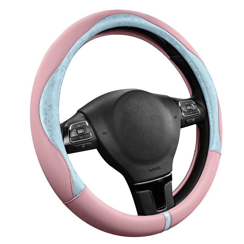 PIC AUTO Steering Wheel Cover, Light Blue Patterned & Pink Leather Patchwork Design, Universal Fit 14.5"â€“15.5", Anti-Slip, Odor-Free, Soft Grain Leather, Durable Grip Car Accessory for Girls & Women - Image 1