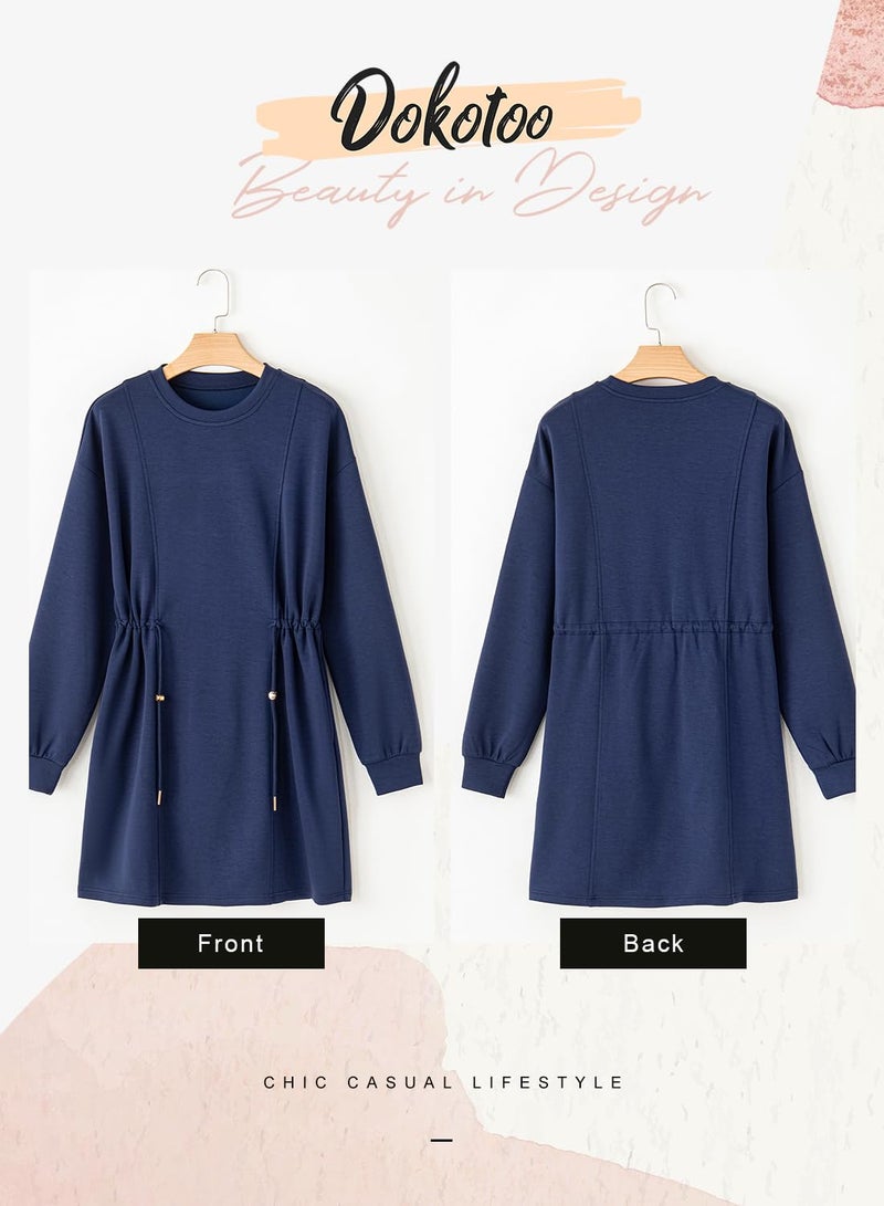 Dokotoo Lady Drawstrings High Waisted Long Sleeves Crew Neck Sweatshirt Casual Oversized Fashion Mini Dress,Navy Blue Large - Image 5