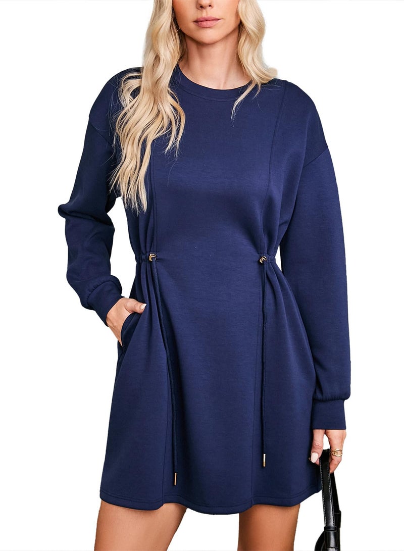 Dokotoo Lady Drawstrings High Waisted Long Sleeves Crew Neck Sweatshirt Casual Oversized Fashion Mini Dress,Navy Blue Large - Image 1