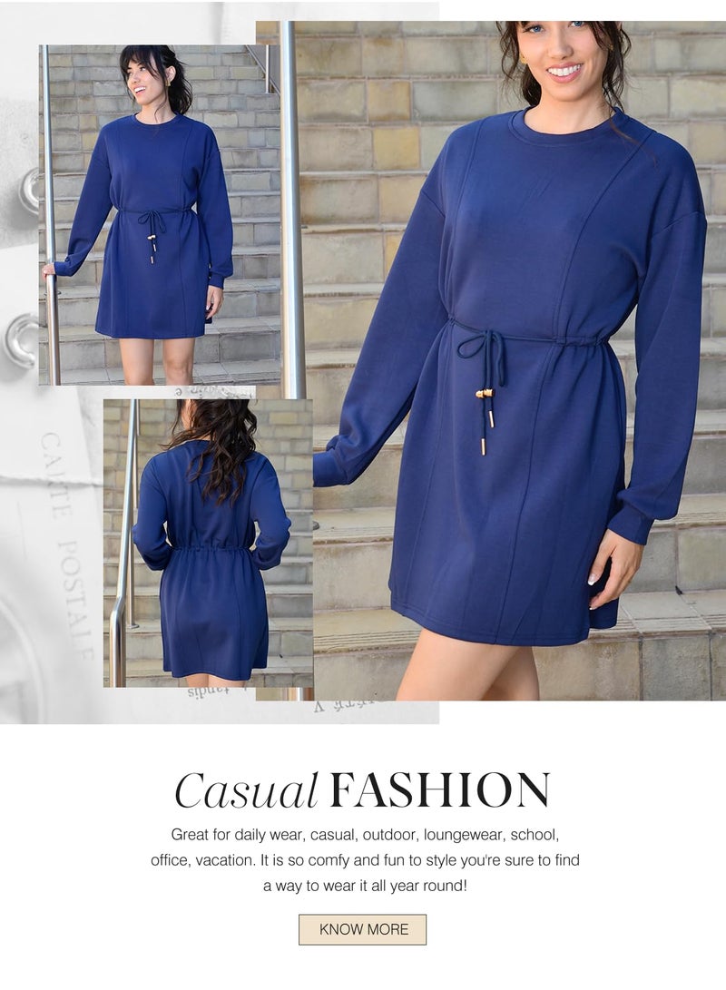 Dokotoo Lady Drawstrings High Waisted Long Sleeves Crew Neck Sweatshirt Casual Oversized Fashion Mini Dress,Navy Blue Large - Image 4