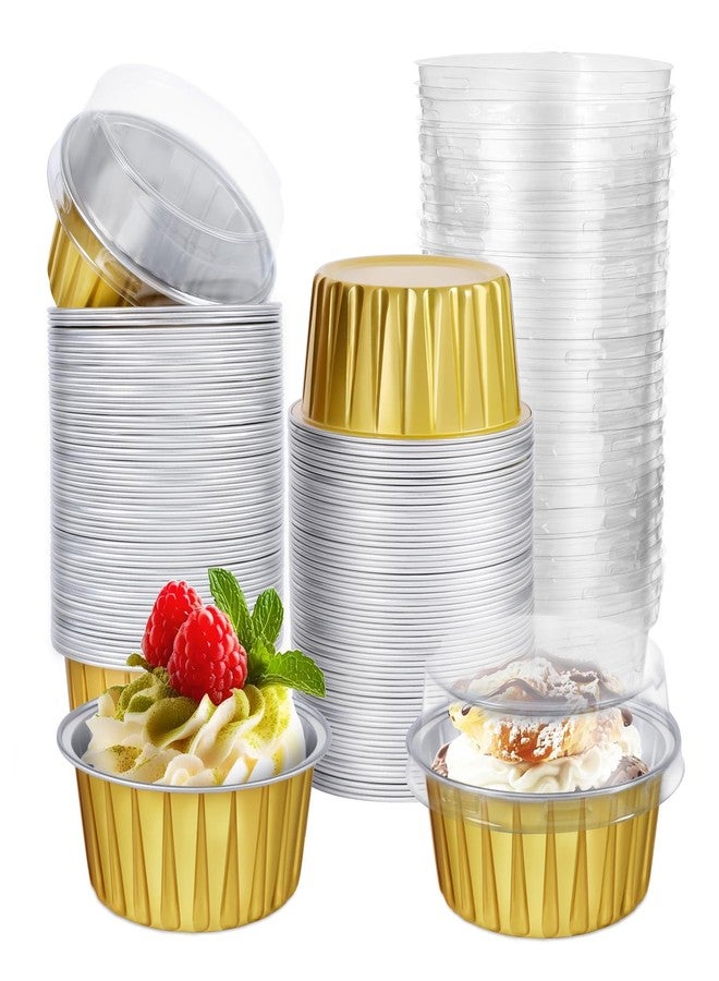RMERVE 200 Pcs 5oz Aluminum Cups Baking Cups, Cupcake Liners, Disposable Muffin Tins with Lids, Moldes Para Flan Disposable Cake Containers with Lids, Flan Molds for Baking Cupcake Tin Wedding (Gold) - Image 1