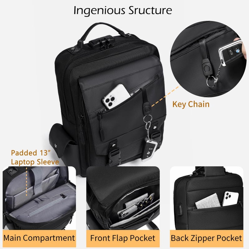 Leaper Crossbody Messenger Bag for Men: 13L Multi-pocket Satchel Sling Shoulder Bags for Travel Daily Work - Women Single Strap Backpack for Cycling, Hiking - Laptop Sling Bag for Men 14 inch, Black - Image 2