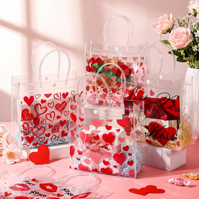 SilTriangle 24 Pcs Valentine's Day Clear Gift Bags 7.87 x 7.87 x 3.15 Inch PVC Transparent Tote with Handles Red Love Kiss Clear Tote Bags for Valentines Galentines Wedding Party Favors Supplies - Image 4