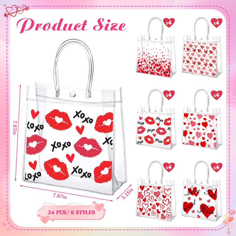 SilTriangle 24 Pcs Valentine's Day Clear Gift Bags 7.87 x 7.87 x 3.15 Inch PVC Transparent Tote with Handles Red Love Kiss Clear Tote Bags for Valentines Galentines Wedding Party Favors Supplies - Image 2