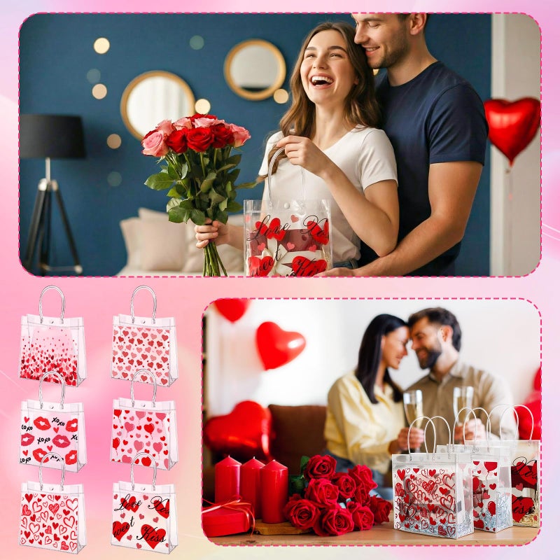 SilTriangle 24 Pcs Valentine's Day Clear Gift Bags 7.87 x 7.87 x 3.15 Inch PVC Transparent Tote with Handles Red Love Kiss Clear Tote Bags for Valentines Galentines Wedding Party Favors Supplies - Image 5