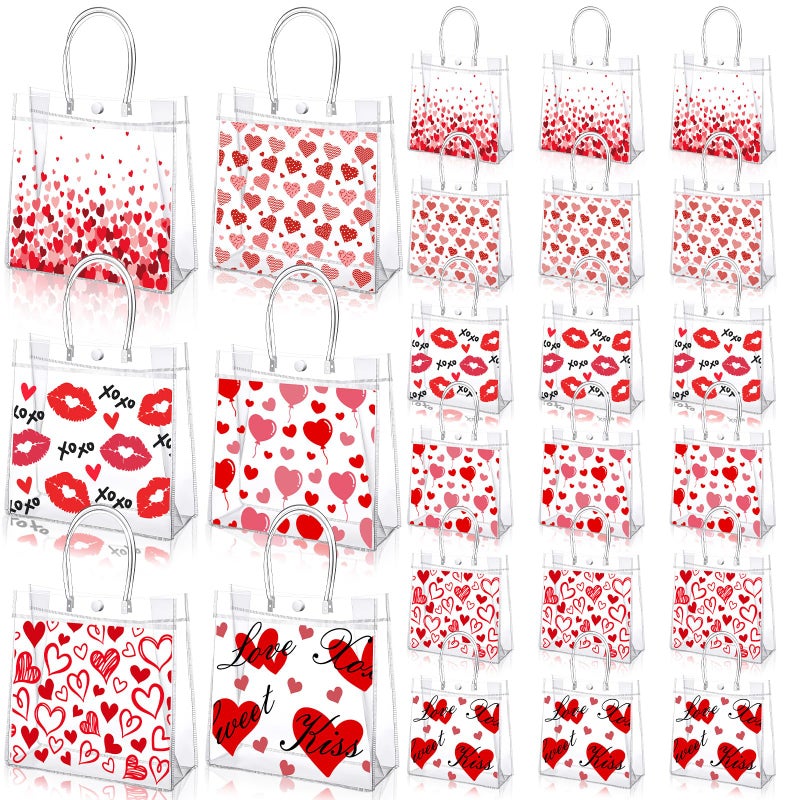 SilTriangle 24 Pcs Valentine's Day Clear Gift Bags 7.87 x 7.87 x 3.15 Inch PVC Transparent Tote with Handles Red Love Kiss Clear Tote Bags for Valentines Galentines Wedding Party Favors Supplies - Image 1