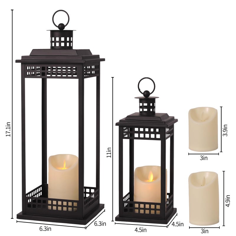 Lanttu Vintage Lanterns Decorative Indoor, 17'' 11'' Set of 2 Black Candle Lantern Decor, Lanterns Decorative for Retro Living Room, Mantel, Patio, Porch, Garden, Balcony, Wedding Tabletop Lantern - Image 2
