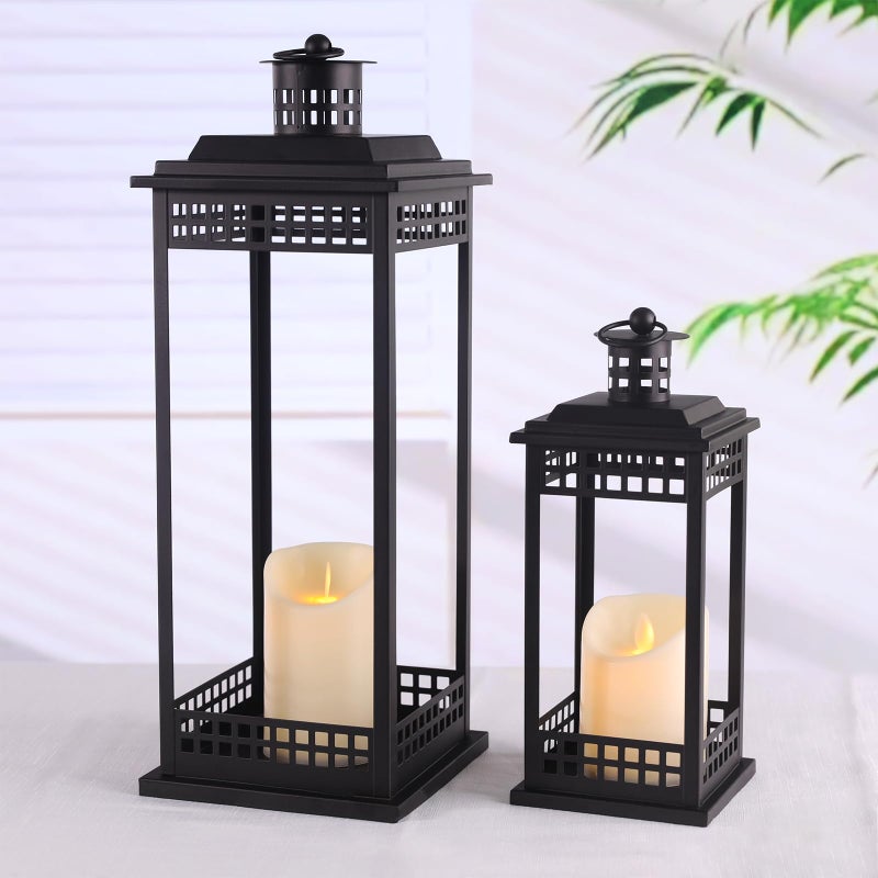 Lanttu Vintage Lanterns Decorative Indoor, 17'' 11'' Set of 2 Black Candle Lantern Decor, Lanterns Decorative for Retro Living Room, Mantel, Patio, Porch, Garden, Balcony, Wedding Tabletop Lantern - Image 1