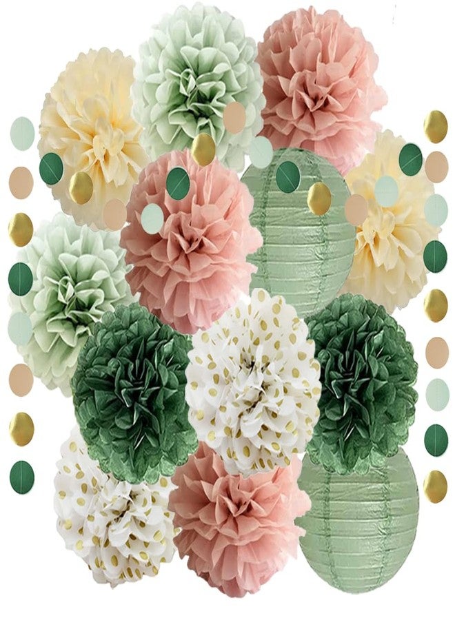 FETETIJD Sage Green and Dusty Pink Party Decorations Sage Green Pink Tissue Paper Pom Poms Decorations Paper Lanterns Cicle Dots Garland for Bridal Shower Baby Shower Wedding Birthday Party Decorations - Image 1