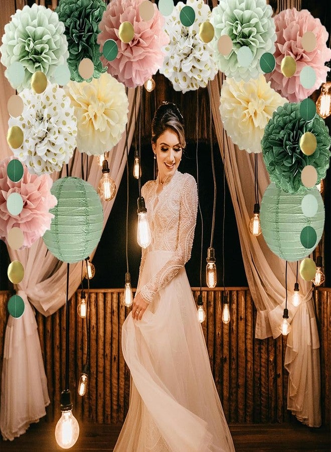 FETETIJD Sage Green and Dusty Pink Party Decorations Sage Green Pink Tissue Paper Pom Poms Decorations Paper Lanterns Cicle Dots Garland for Bridal Shower Baby Shower Wedding Birthday Party Decorations - Image 4
