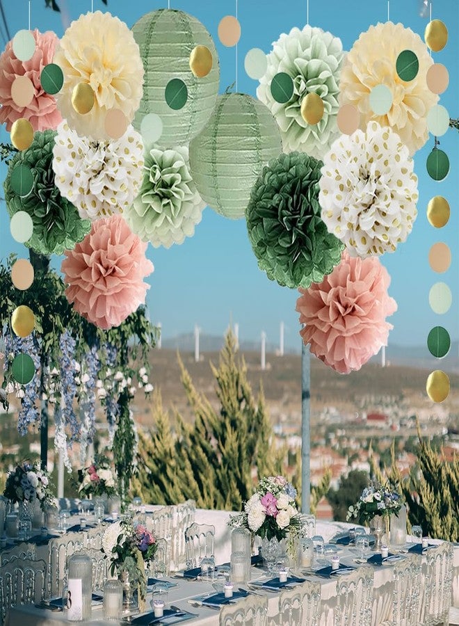 FETETIJD Sage Green and Dusty Pink Party Decorations Sage Green Pink Tissue Paper Pom Poms Decorations Paper Lanterns Cicle Dots Garland for Bridal Shower Baby Shower Wedding Birthday Party Decorations - Image 3