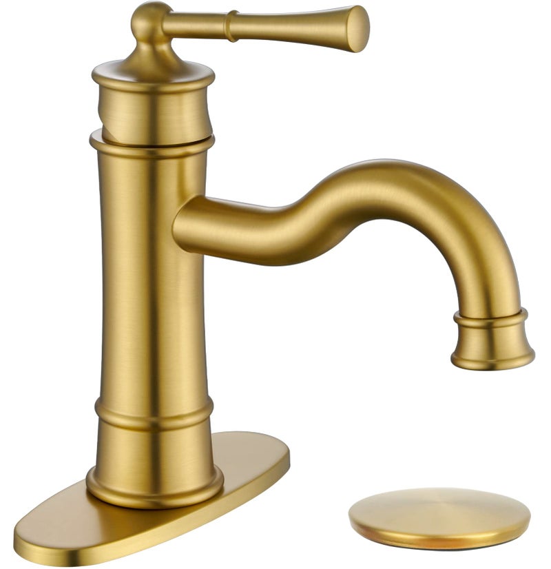 WINKEAR Roman Bathroom Sink Faucet Brushed Gold Single Hole Deck-Mount Pop-up Drain Assembly with Overflow Deck Plate and Water Supply Lines Included - Image 1