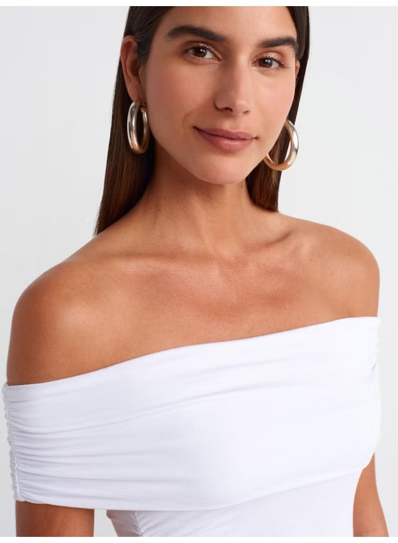 Dilvin 30902 Off Shoulder Gathered Top-White - Image 4