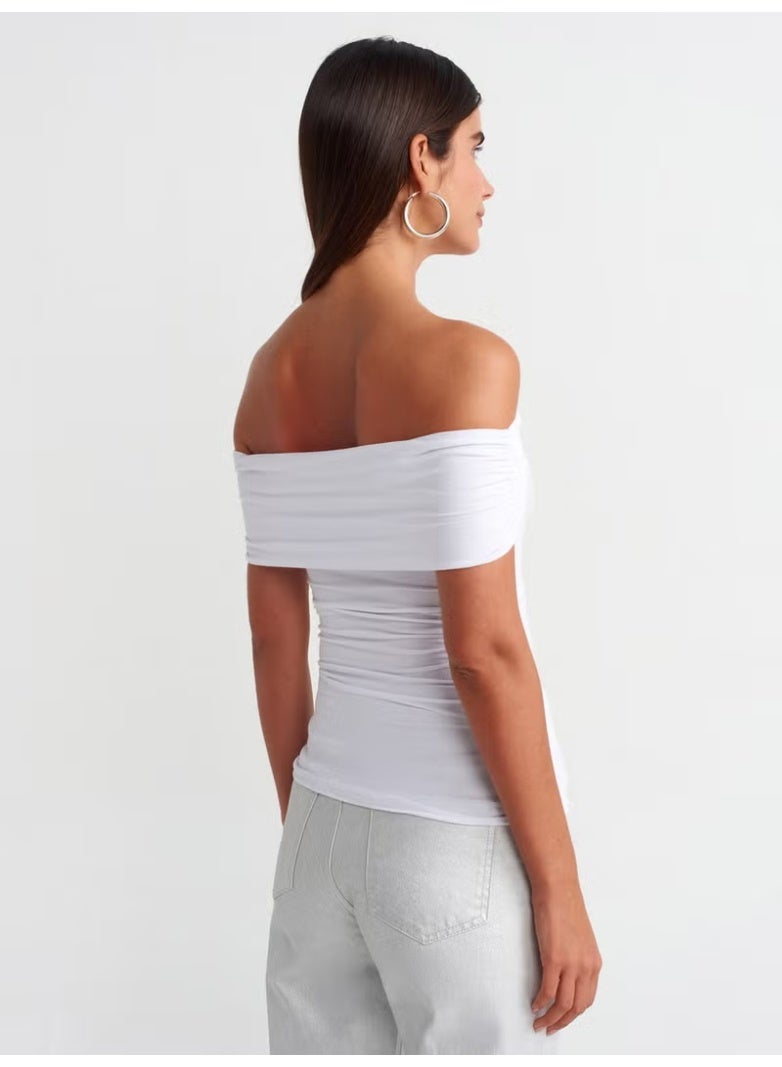 Dilvin 30902 Off Shoulder Gathered Top-White - Image 2