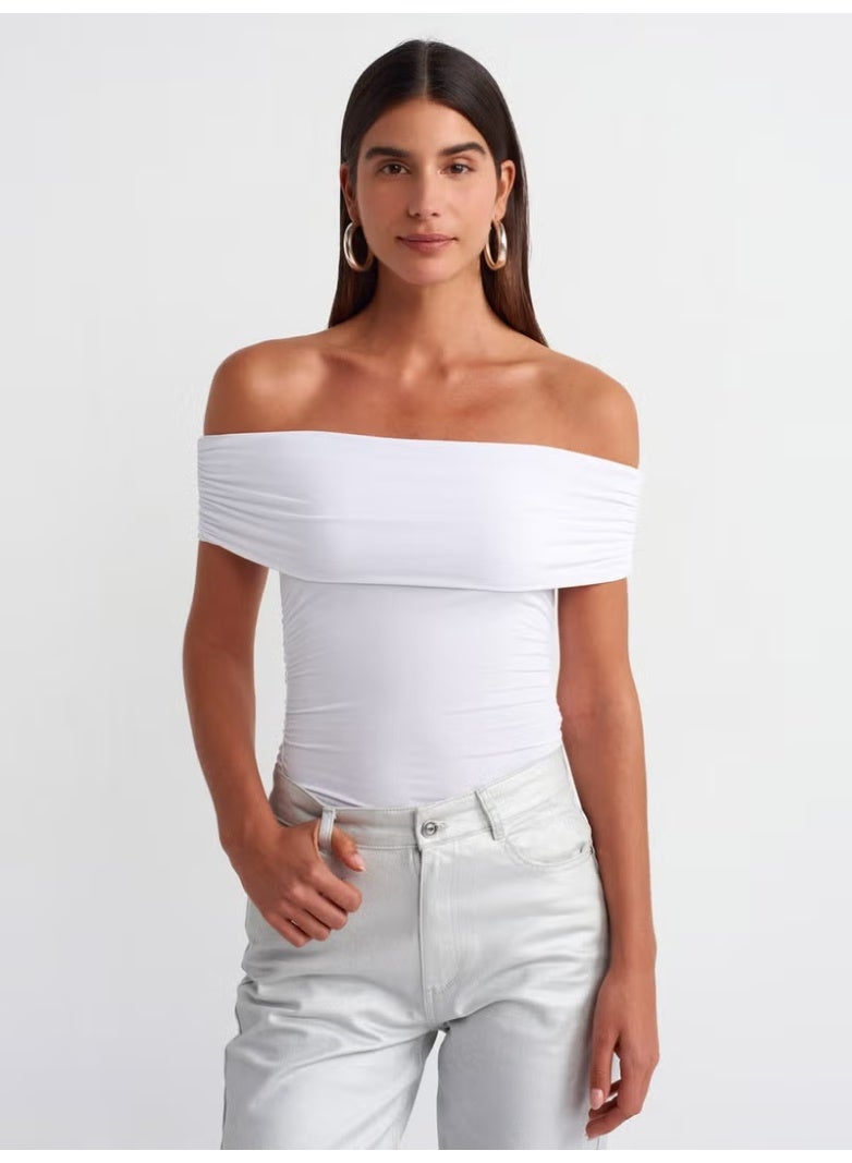 Dilvin 30902 Off Shoulder Gathered Top-White - Image 1