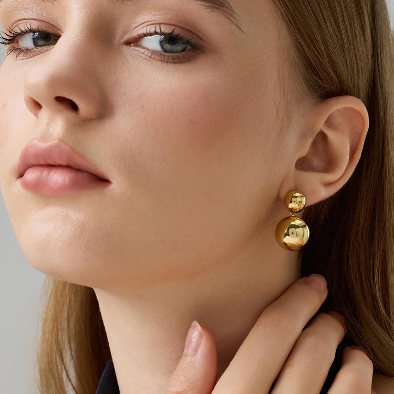 FRUMOS 18K Gold Plated Double Ball Drop Earrings for Women, Hypoallergenic 925 Sterling Silver Post Dangle Earrings, Minimalist Lightweight Statement Jewelry - Image 3