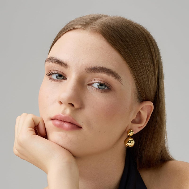 FRUMOS 18K Gold Plated Double Ball Drop Earrings for Women, Hypoallergenic 925 Sterling Silver Post Dangle Earrings, Minimalist Lightweight Statement Jewelry - Image 4