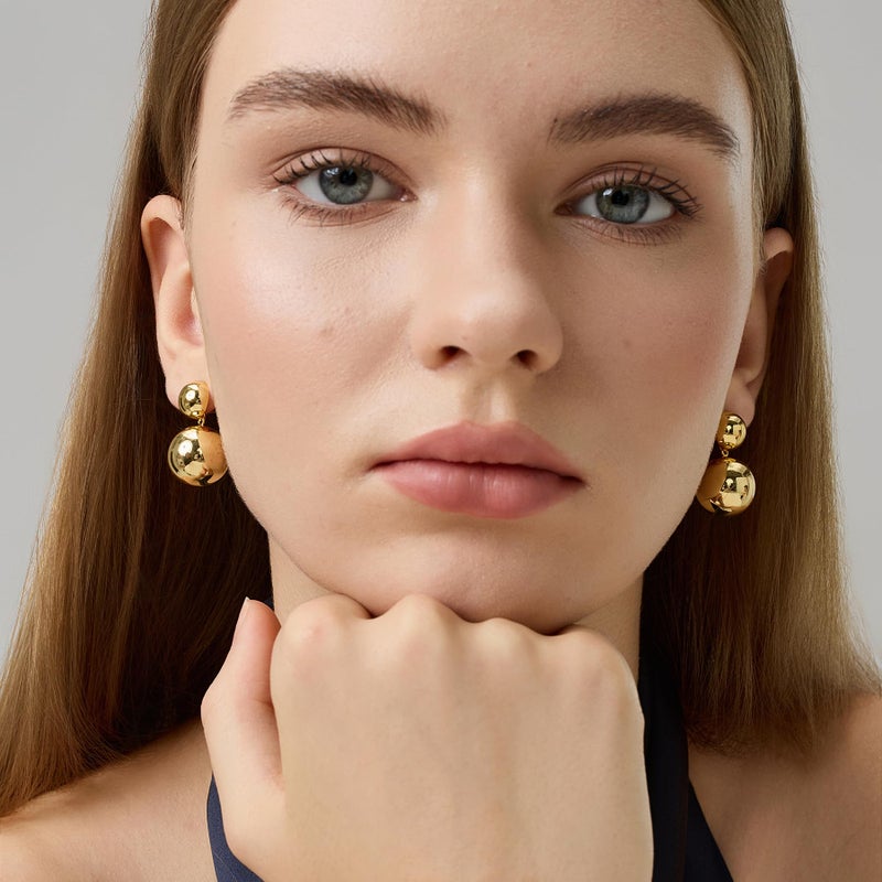 FRUMOS 18K Gold Plated Double Ball Drop Earrings for Women, Hypoallergenic 925 Sterling Silver Post Dangle Earrings, Minimalist Lightweight Statement Jewelry - Image 2