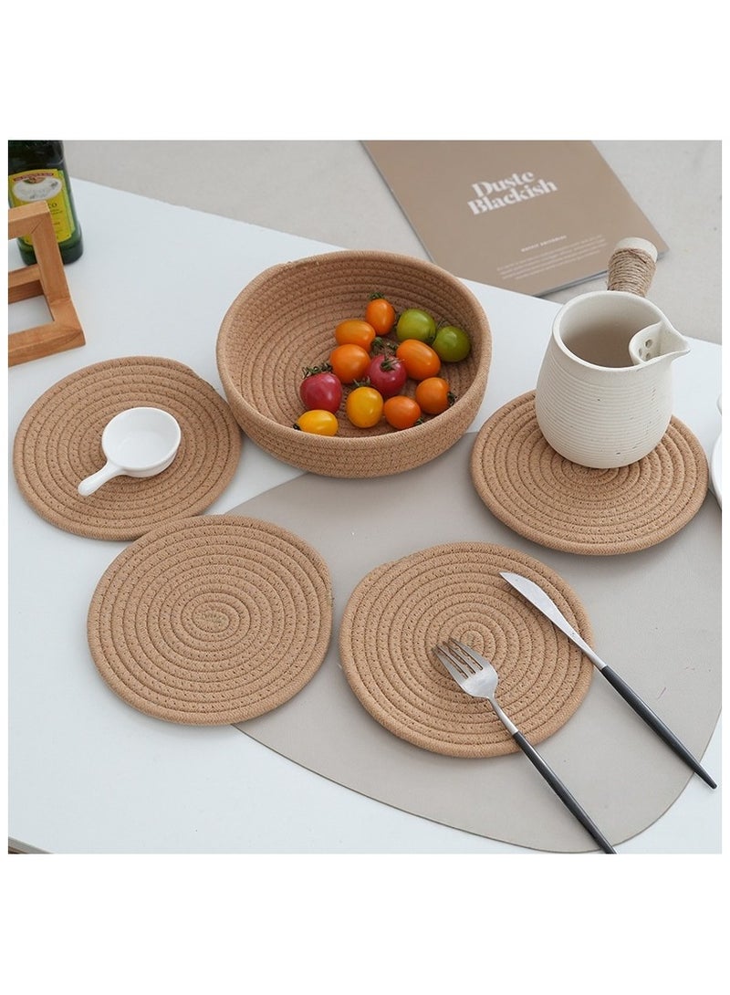 Trivets for Hot Dishes, Trivets for Hot Pots and Pans, Hot Pads for Countertops, Coasters 4 Pcs and Storage Basket 1 Pack, Pot Holders for Kitchen, Cotton Hot Mats Cooking Pad Protect Table (Khaki) - Image 1