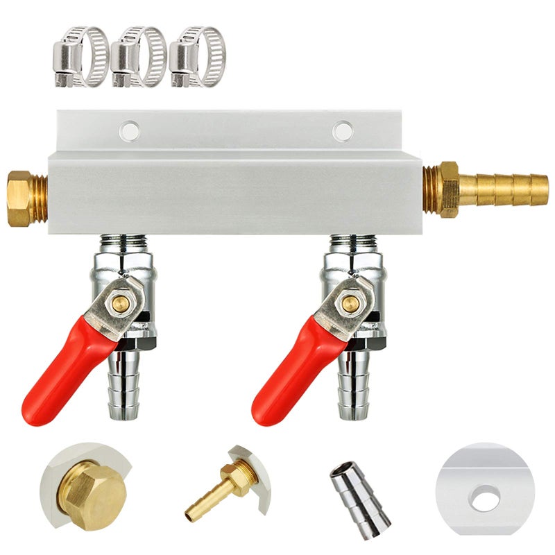 MRbrew Gas Manifold, CO2 Gas Distributor, 5/16'' Barb Fitting Beer Kegerator Splitter, 2-Way Air Distributor with Integrated Check Valves & Hose Clamps - Image 1