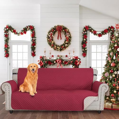 XINEAGE Quilted Sofa Cover Waterproof Couch Covers for 3 Cushion Couch, Super Soft Washable Slipcover with Pockets & Non-Slip Elastic Straps, Thick Furniture Protector (Sofa, Red) - Image 2