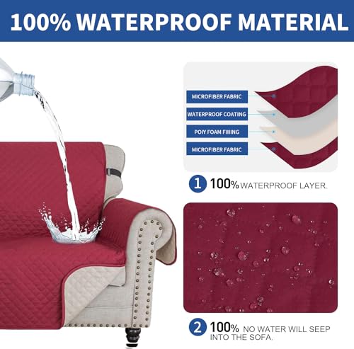 XINEAGE Quilted Sofa Cover Waterproof Couch Covers for 3 Cushion Couch, Super Soft Washable Slipcover with Pockets & Non-Slip Elastic Straps, Thick Furniture Protector (Sofa, Red) - Image 5