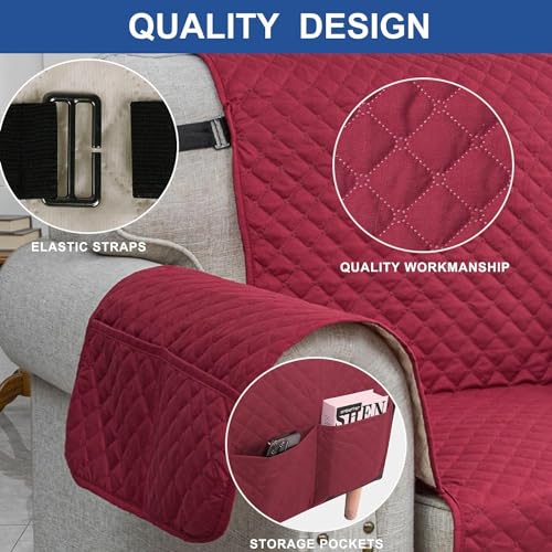 XINEAGE Quilted Sofa Cover Waterproof Couch Covers for 3 Cushion Couch, Super Soft Washable Slipcover with Pockets & Non-Slip Elastic Straps, Thick Furniture Protector (Sofa, Red) - Image 3