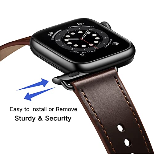 OUHENG Leather Bands Compatible with Apple Watch Band 42mm/41mm/40mm/38mm, Genuine Leather Replacement Strap for iWatch SE3 SE2 SE Series 11 10 9 8 7 6 5 4 3 2 1 (Dark Brown/Black) - Image 2