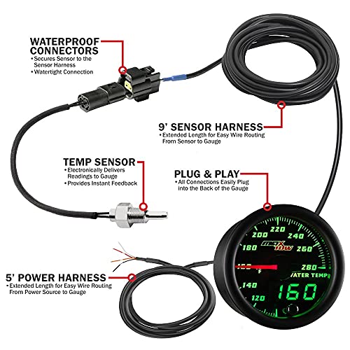 MaxTow Double Vision 280 F Water Coolant Temperature Gauge Kit - Includes Electronic Sensor - Black Gauge Face - Green LED Illuminated Dial - Analog & Digital Readouts - for Trucks - 2-1/16" 52mm - Image 3