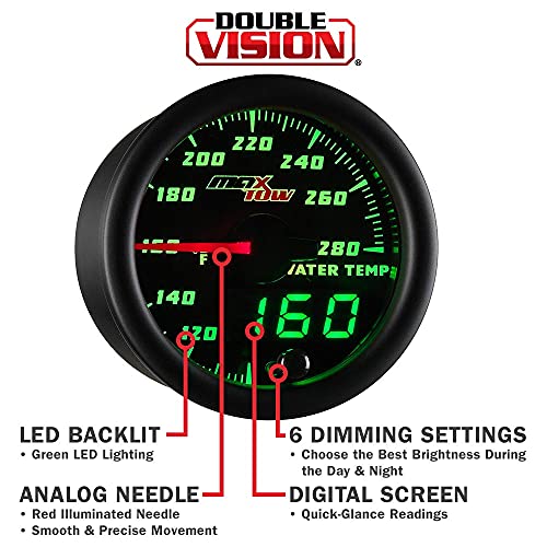 MaxTow Double Vision 280 F Water Coolant Temperature Gauge Kit - Includes Electronic Sensor - Black Gauge Face - Green LED Illuminated Dial - Analog & Digital Readouts - for Trucks - 2-1/16" 52mm - Image 4