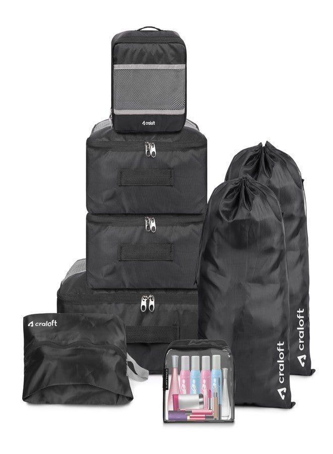 CRALOFT Polyester 8-Piece Travel Luggage Packing Cubes Organizer Set with Laundry Bags, Shoe Bag, and Toiletry Pouch for Men and Women (Black, CT1-V1) - Image 1