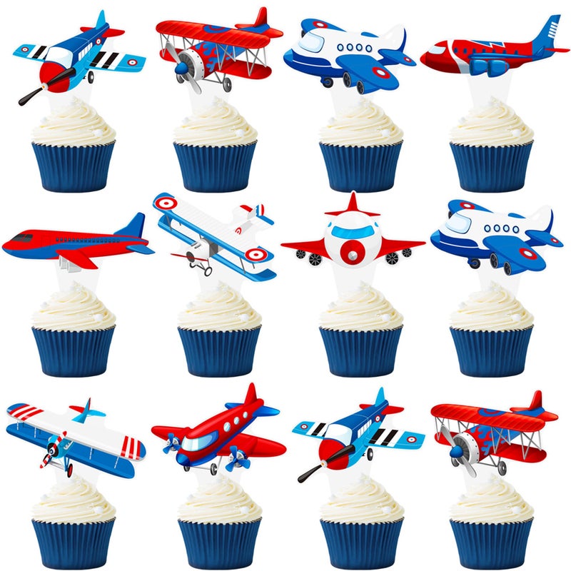umoni Airplane Cupcake Toppers Airplane Birthday Party Decorations 48PCS Plane Cupcake Picks Aircraft Helicopter Cake Decor for Aviation Theme Pilot Baby Shower Birthday Party Supplies - Image 1