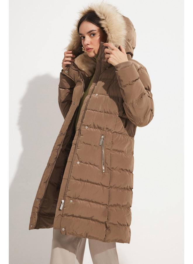 June Exclusive Fiber Filled Hooded Coat with Fur Lining Dark Beige - Image 2