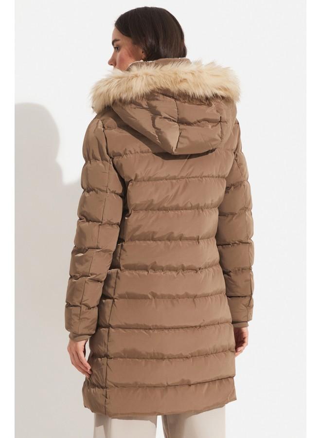 June Exclusive Fiber Filled Hooded Coat with Fur Lining Dark Beige - Image 5