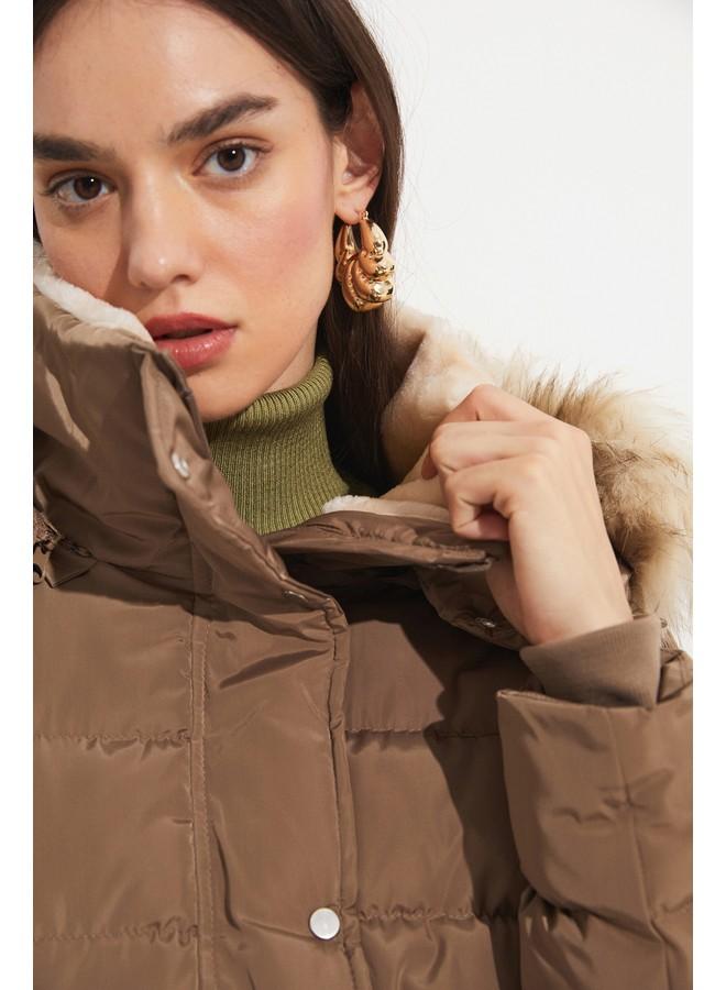 June Exclusive Fiber Filled Hooded Coat with Fur Lining Dark Beige - Image 4