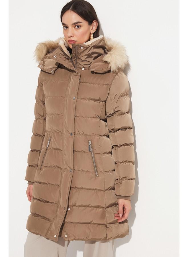 June Exclusive Fiber Filled Hooded Coat with Fur Lining Dark Beige - Image 3