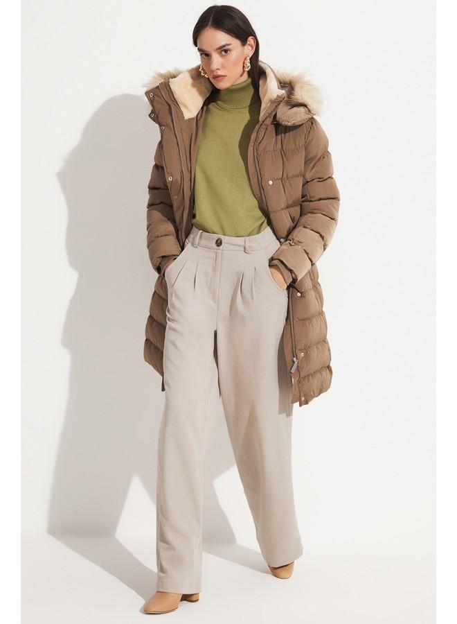 June Exclusive Fiber Filled Hooded Coat with Fur Lining Dark Beige - Image 1