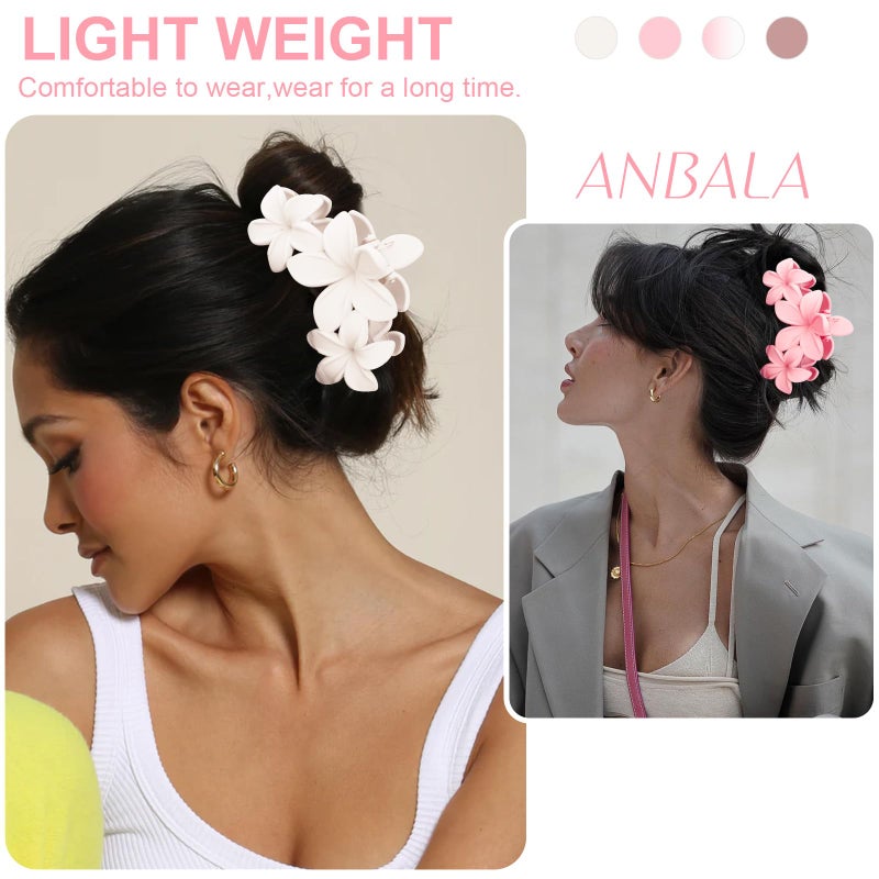 ANBALA Flower Claw Hawaiian Hair Clip, 4PCS Large Plumeria Hair Clips for Women, Non-Slip Strong Hold Clips for Thick Hair, Beach Hair Accessories (Pink, Gradient White, Dark Pink) - Image 3