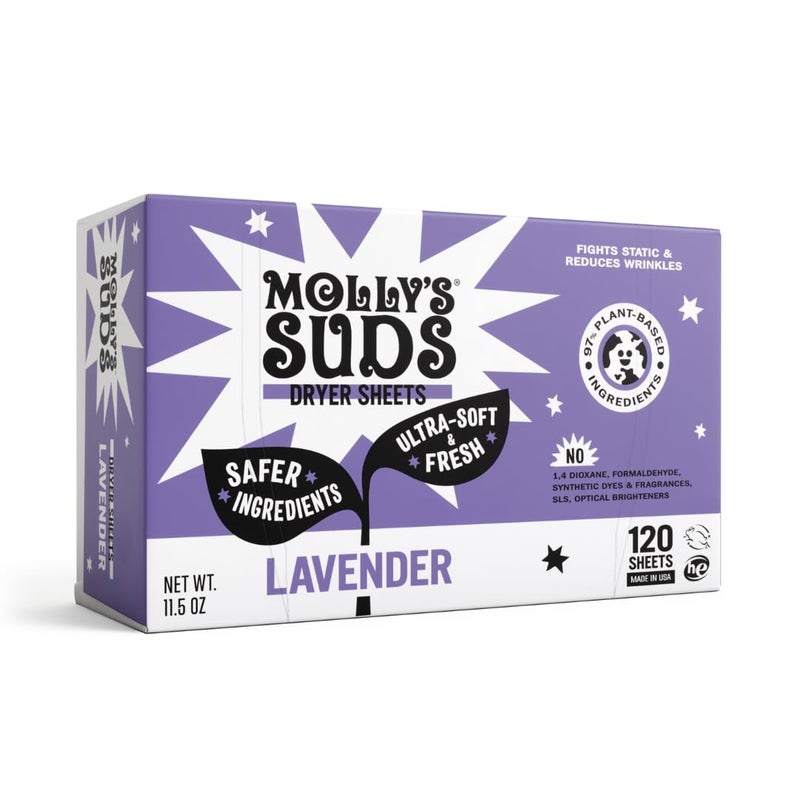 Molly's Suds Fabric Softener Dryer Sheets for Sensitive Skin | Plant-Based Static Reducer, Plastic-Free Packaging | Lavender (120 Sheets) - Image 1